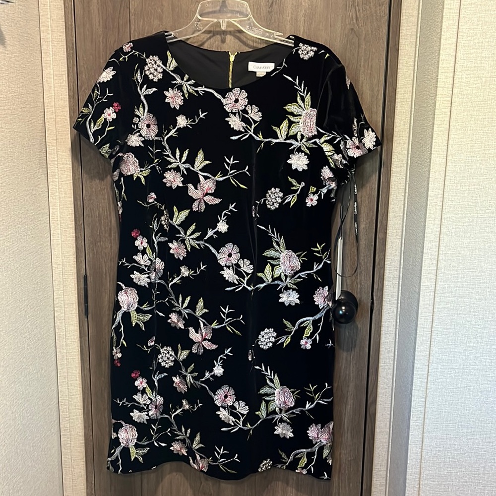 Black velvet with embroidery Calvin Klein shirt sleeve dress